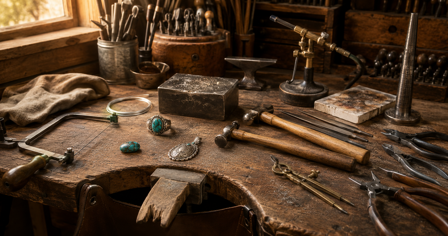 A traditional Southern Sawtooth silversmith workbench with turquoise jewelry and hand tools