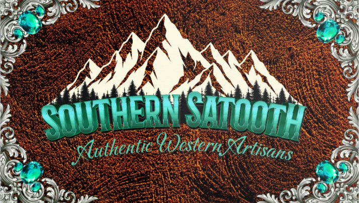 Southern Sawtooth — Authentic Western Artisans, with Sawtooth mountains, silver scrollwork, and turquoise stones
